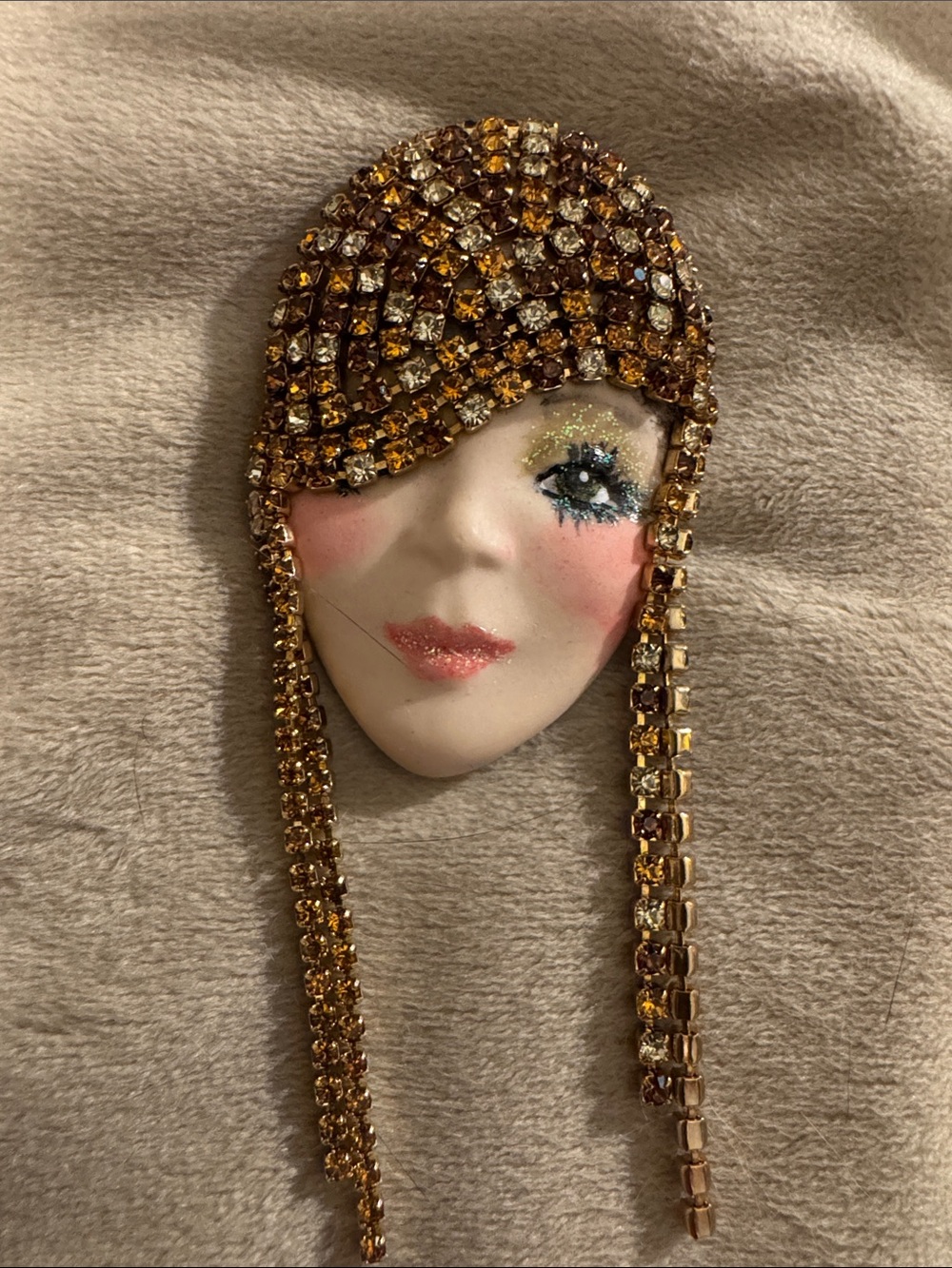 Gold Rhinestone Flapper Face Brooch Pin